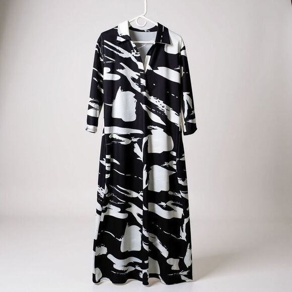 Black White Abstract Print Casual Shirt Maxi Dress Women’s XL Collared Button - Picture 3 of 9
